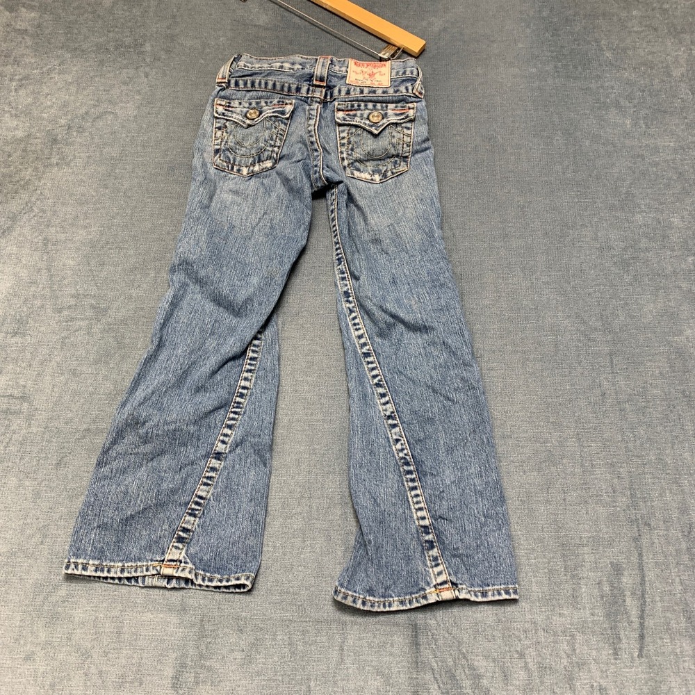 True Religion Jeans Womens 8 Blue Denim Wide Leg Distressed 5 Pockets Zip Fly - Picture 2 of 16